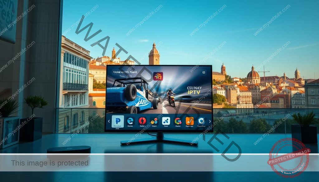 A high-quality IPTV transmission in Portugal, showcasing a vibrant and modern interface. The foreground features a sleek smart TV or streaming device displaying crystal-clear video content, surrounded by a minimalist, yet elegant design. The middle ground highlights various IPTV service icons and symbols, conveying the wide range of channels and entertainment options available. The background depicts a serene urban landscape, with the iconic architecture and landmarks of a Portuguese city, bathed in warm, natural lighting that creates a welcoming and inviting atmosphere. The overall composition emphasizes the seamless integration of IPTV technology into the daily lives of Portuguese households, promoting the benefits of this cutting-edge television service. A high-quality IPTV transmission in Portugal, showcasing a vibrant and modern interface. The foreground features a sleek smart TV or streaming device displaying crystal-clear video content, surrounded by a minimalist, yet elegant design. The middle ground highlights various IPTV service icons and symbols, conveying the wide range of channels and entertainment options available. The background depicts a serene urban landscape, with the iconic architecture and landmarks of a Portuguese city, bathed in warm, natural lighting that creates a welcoming and inviting atmosphere. The overall composition emphasizes the seamless integration of IPTV technology into the daily lives of Portuguese households, promoting the benefits of this cutting-edge television service.